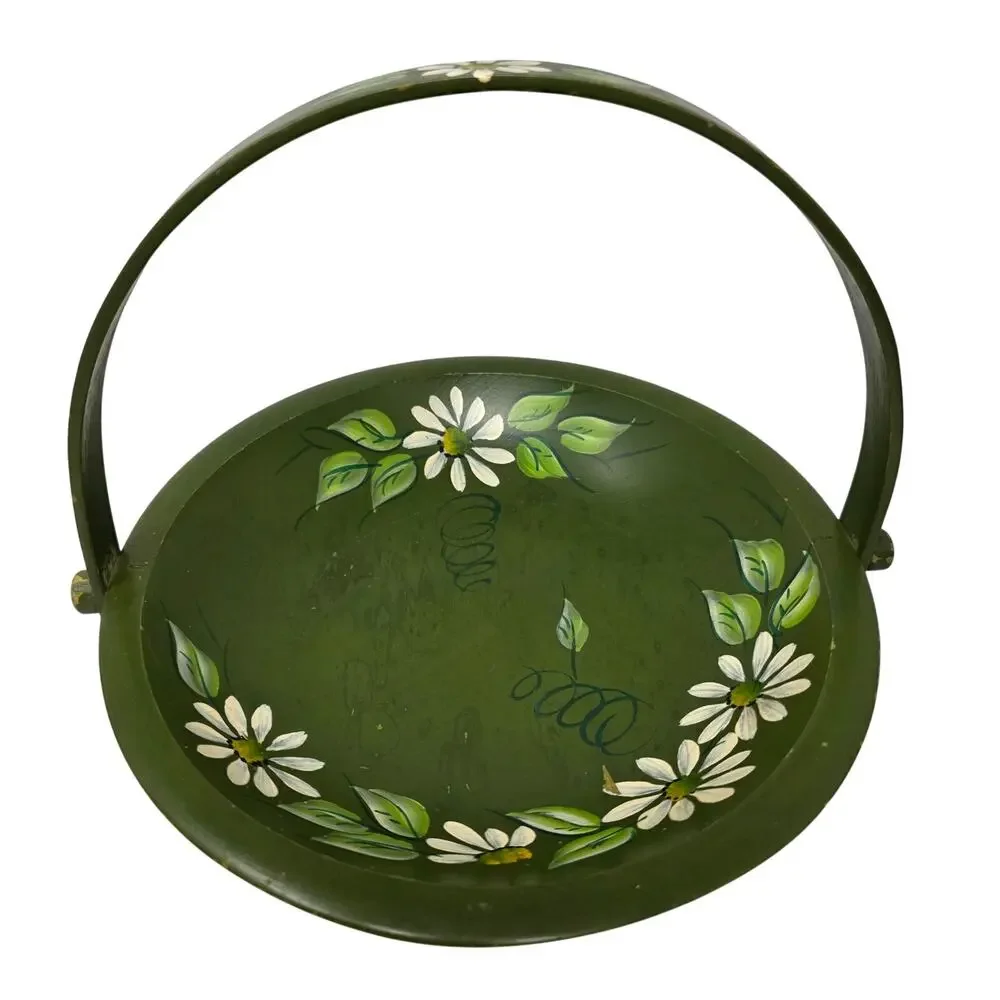 Vintage Hand Painted Wood Basket Green Daisy Folk Art Swing Handle